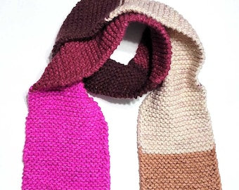 Berry Pink Tan Handmade Knit Scarf with Tassels