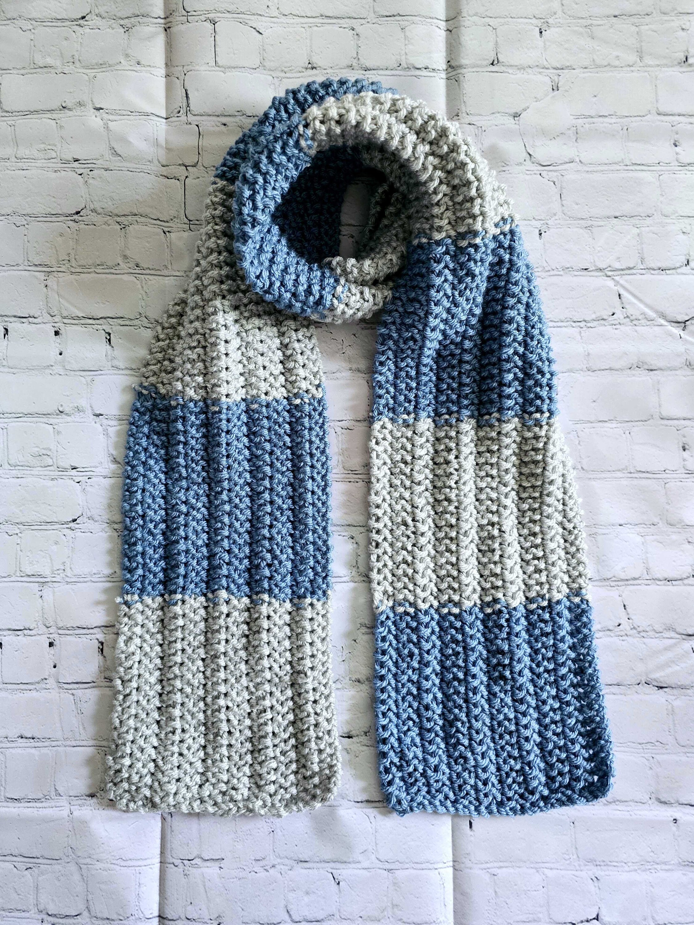 【BAON】Ringji Stripe Wool Knit Scarf Set Blue and Gray Stripes Ribbed Handmade Knit Scarf - Grey - Etsy