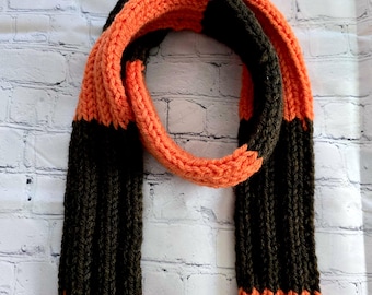 Striped Knit Scarf - Orange & Brown Acrylic Tassel Scarf