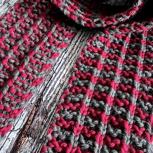 Burgundy and Gray Striped Handmade Knit Wool Scarf - 100% Wool - Free Shipping