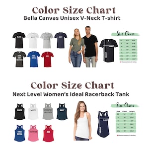 May include: Size chart for unisex V-neck t-shirts and women's racerback tanks. The chart shows different colors and sizes available for each style. The t-shirt size chart shows measurements in inches for chest and height. The tank top size chart shows measurements in inches for chest and height.