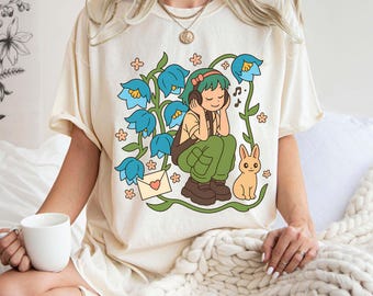 Cute Girl Listening to Music Shirt, Cottagecore Flower Tee, Aesthetic Bunny Graphic T-Shirt, Vintage Ivory Oversized Tee