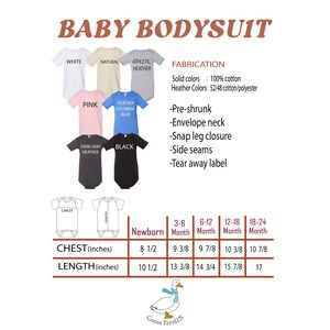 May include: A chart showing the size guide for baby bodysuits in different colors, including white, pink, natural, heather blue, dark gray heather, and black. The chart shows the chest and length measurements in inches for newborn, 3-6 months, 6-12 months, 12-18 months, and 18-24 months. The text "FABRICATION" is shown with the details of the fabric used for the bodysuits. The text "Goose Tees US" is shown at the bottom of the chart.