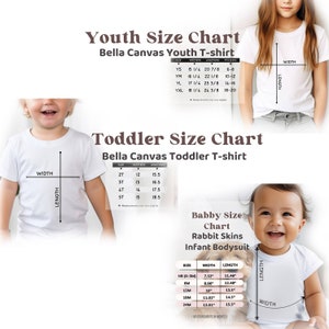 May include: Size chart for Bella Canvas youth, toddler, and infant t-shirts and bodysuits. The chart shows the size, width, and length measurements in inches for each size.