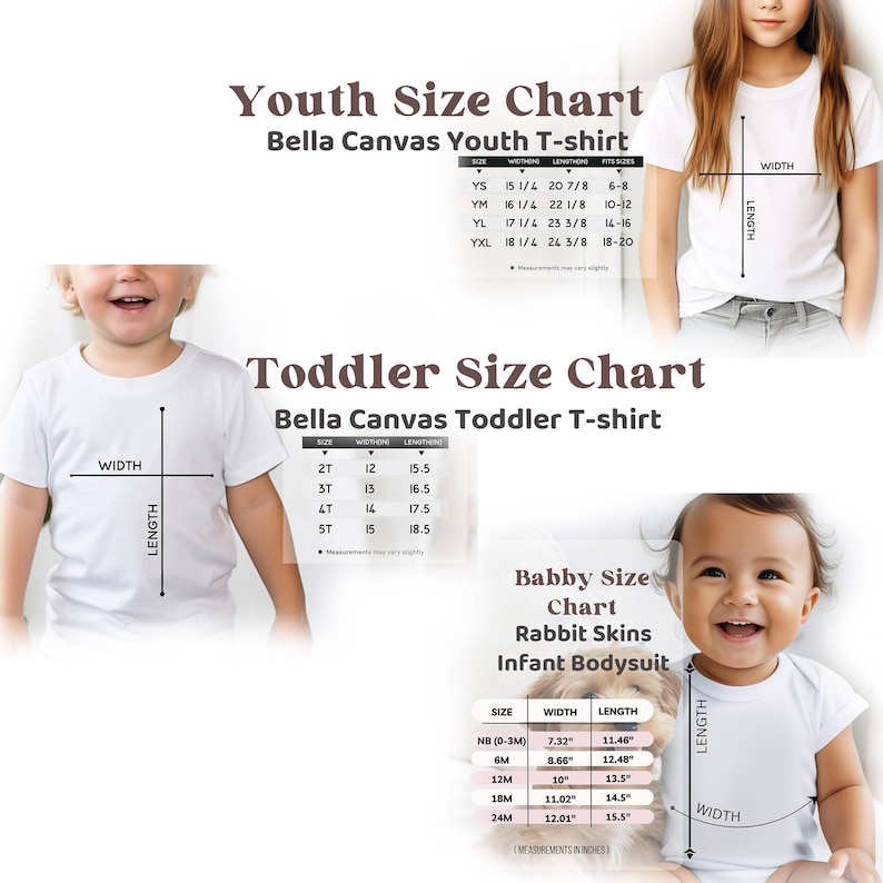 May include: Size chart for Bella Canvas youth, toddler, and infant t-shirts and bodysuits. The chart shows the size, width, and length measurements in inches for each size.