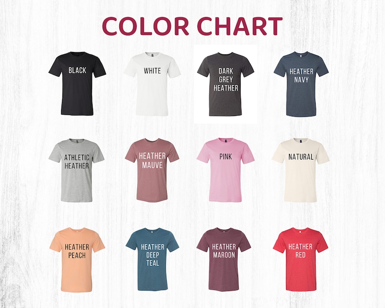 Puede incluir: Carta de colores que muestra 12 colores de camiseta diferentes. Los colores son: Negro, Blanco, Gris oscuro jaspeado, Azul marino jaspeado, Gris jaspeado atl&eacute;tico, Malva jaspeado, Rosa, Natural, Melocot&oacute;n jaspeado, Azul oscuro jaspeado, Granate jaspeado y Rojo jaspeado.