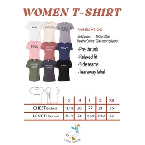 Puede incluir: Una tabla de tallas para camisetas de mujer con medidas en pulgadas. La tabla muestra las medidas de pecho y longitud para las tallas S, M, L, XL y 2XL. La tabla est&aacute; etiquetada como "Goose Tees US".