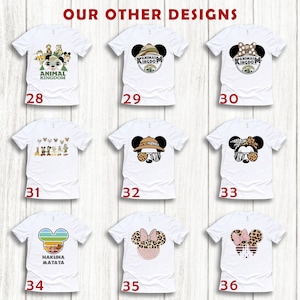 Puede incluir: Un conjunto de 9 camisetas blancas con diferentes dise&ntilde;os tem&aacute;ticos del reino animal. Los dise&ntilde;os incluyen orejas de Mickey Mouse con estampado animal, un sombrero de safari y el texto "Animal Kingdom".