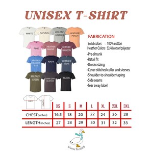 May include: Unisex t-shirt size chart with measurements in inches for chest and length. The chart shows sizes from XS to 3XL. The chart is on a white background with a goose illustration at the bottom.