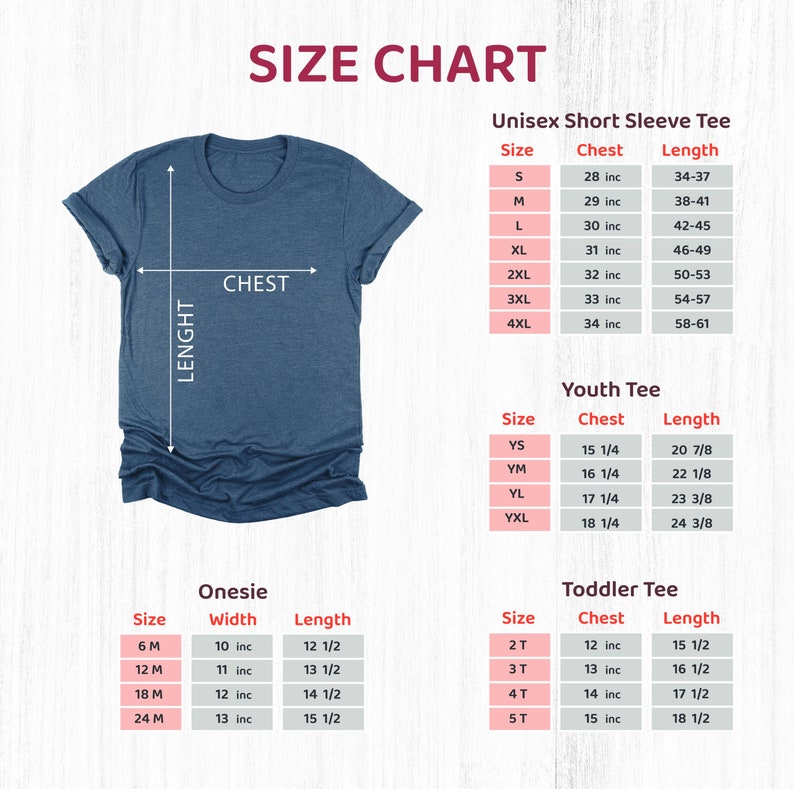 Puede incluir: Tabla de tallas para camisetas de manga corta unisex, camisetas para ni&ntilde;os, bodies y camisetas para ni&ntilde;os peque&ntilde;os. La tabla muestra las tallas, las medidas del pecho en pulgadas y las longitudes en pulgadas.