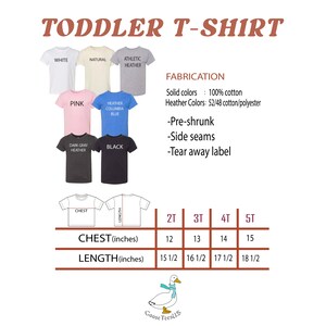 May include: Toddler T-shirt size chart with measurements in inches. The chart shows the chest and length measurements for sizes 2T, 3T, 4T, and 5T. The chart is labeled "Toddler T-Shirt" and includes a variety of color options for the shirt.