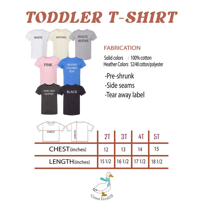 May include: Toddler T-shirt size chart with measurements in inches. The chart shows the chest and length measurements for sizes 2T, 3T, 4T, and 5T. The chart is labeled "Toddler T-Shirt" and includes a variety of color options for the shirt.