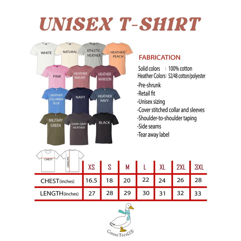 Puede incluir: Tabla de tallas de camiseta unisex con medidas en pulgadas para el pecho y la longitud. La tabla muestra las tallas desde XS hasta 3XL. La tabla est&aacute; sobre un fondo blanco con una ilustraci&oacute;n de ganso en la parte inferior.