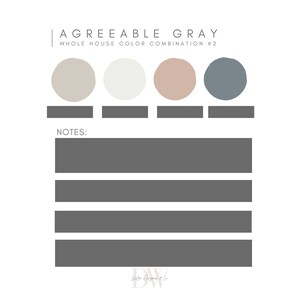 May include: Agreeable Gray Whole House Color Combination #2. A color palette with four paint swatches: a light beige, a white, a light brown, and a blue-gray.
