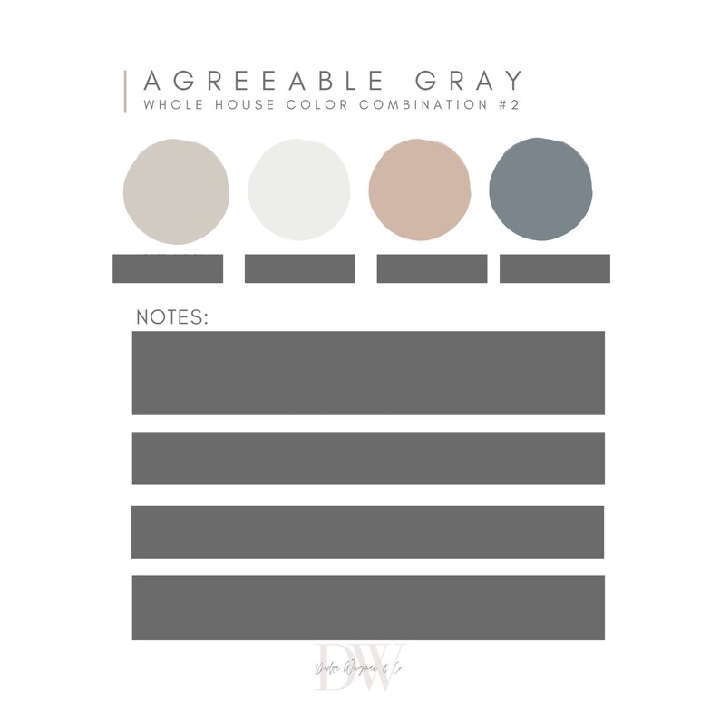 May include: Agreeable Gray Whole House Color Combination #2. A color palette with four paint swatches: a light beige, a white, a light brown, and a blue-gray.