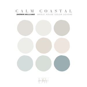 Calm Coastal Whole House Paint Color Scheme Sherwin Williams, Calm Coast Paint Palette Sherwin Williams, Coastal Paint Color Scheme