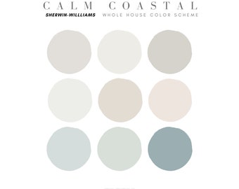 Esquema de colores de pintura Calm Coastal para toda la casa Sherwin Williams, Paleta de pinturas Calm Coast Sherwin Williams, Esquema de colores de pintura Coastal