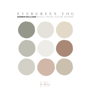 Evergreen Fog Sherwin Williams verfpalet, neutraal interieur, puur wit