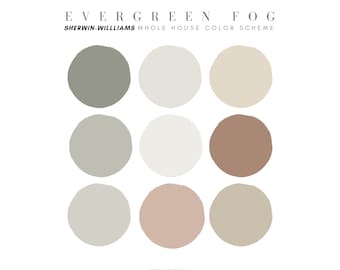 Evergreen Fog Sherwin Williams Paint Palette, Neutral Interior Home, Pure White