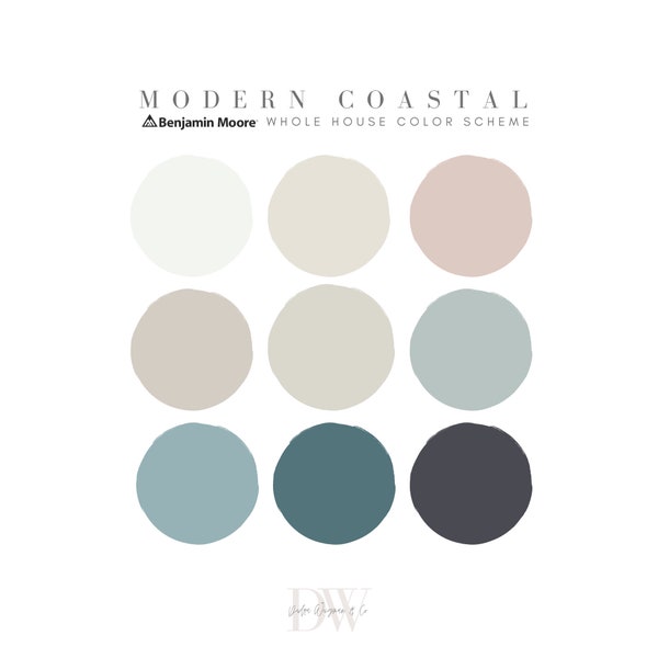 Modern Coastal Benjamin Moore Paint Palette, Neutral Coastal Home, Interior Paint Colors, Coastal Paint Colors, Interior Paint Palette