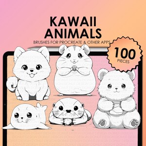 Puede incluir: Un conjunto de 100 pinceles de animales kawaii en blanco y negro para Procreate y otras aplicaciones. Los pinceles presentan animales lindos como un perro, un hámster, un panda y una foca.