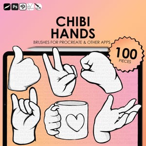 May include: A set of 100 digital brushes for Procreate and other apps featuring various hand poses in a chibi style. The brushes are designed to create cute and stylized characters.