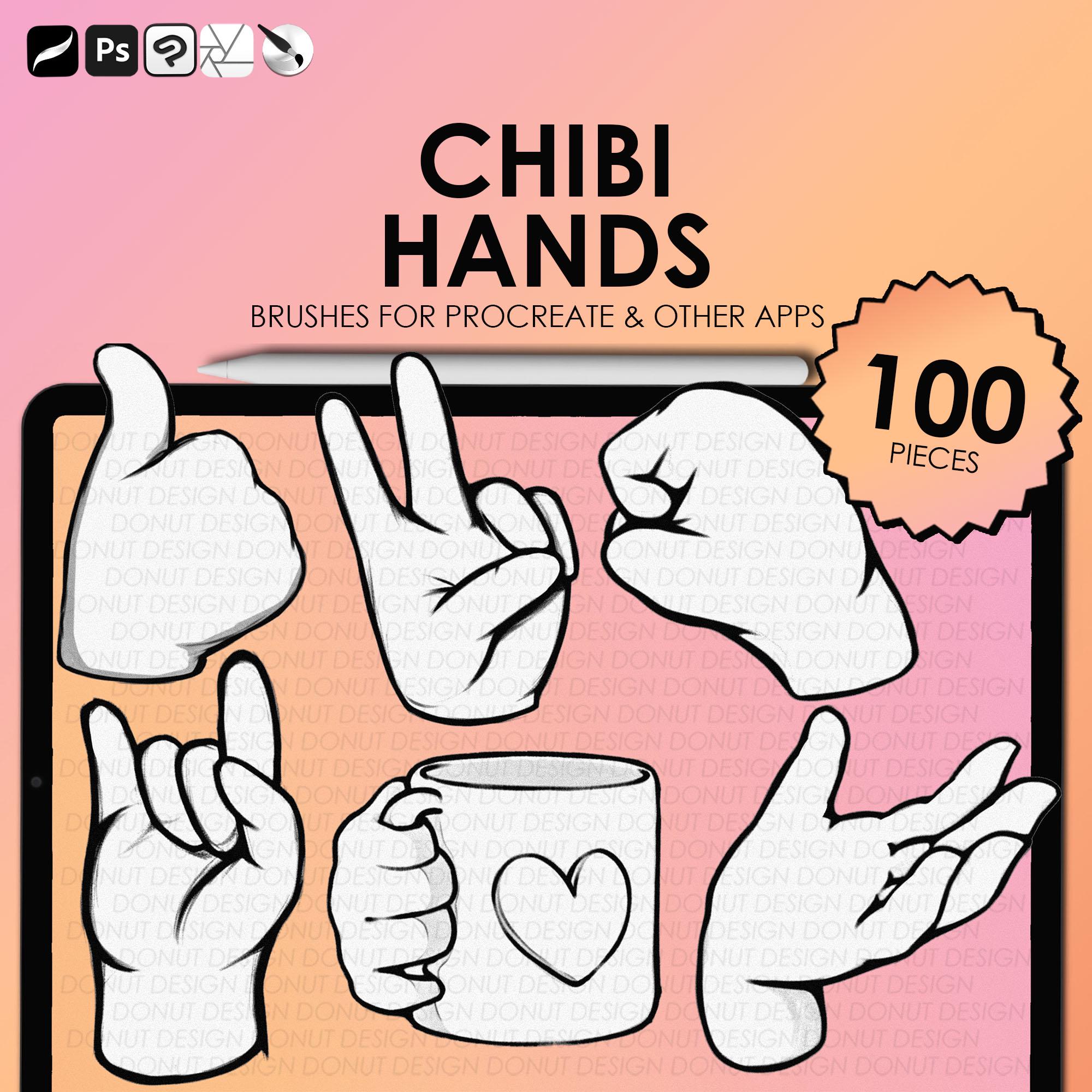 Sellos de manos chibi para Procreate y Photoshop | 100 pinceles de manos chibi + set ABR