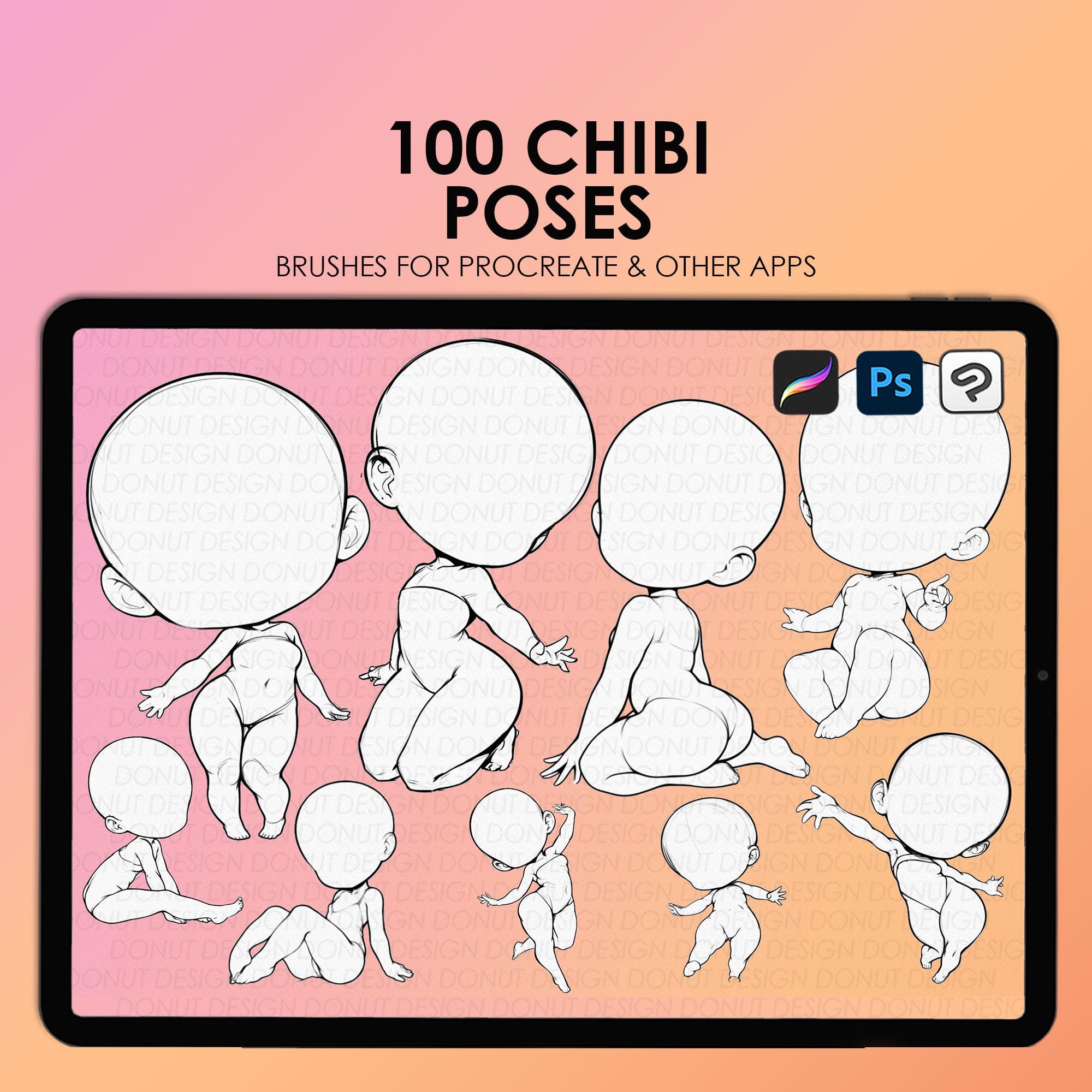 Conjunto de carimbos de poses chibi para Procreate | 100 carimbos de corpo chibi + ABR para Photoshop e Clip Studio