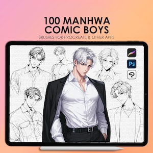 Könnte beinhalten: Eine digitale Illustration von 100 Manhwa-Comic-Jungen-Pinseln für Procreate und andere Apps. Das Bild zeigt einen Tablet-Bildschirm mit einer Vielzahl von Strichzeichnungen von männlichen Charakteren in verschiedenen Posen und Stilen. Der Text "100 Manhwa Comic Boys" wird oben auf dem Bildschirm angezeigt.