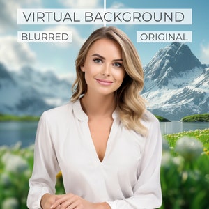以下が含まれることがあります： 金髪の長い女性が白いブラウスを着ています。彼女は、山の湖と山がぼやけた背景の前に立っています。画像の上部には「VIRTUAL BACKGROUND」というテキストがあり、左側に「BLURRED」、右側に「ORIGINAL」とあります。