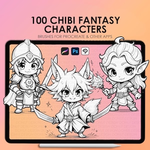 May include: A digital illustration of 100 black and white chibi fantasy characters. The characters are drawn in a cute style and include a variety of creatures, such as a knight, a fox, and an elf. The image is labeled "100 CHIBI FANTASY CHARACTERS" and "BRUSHES FOR PROCREATE & OTHER APPS".