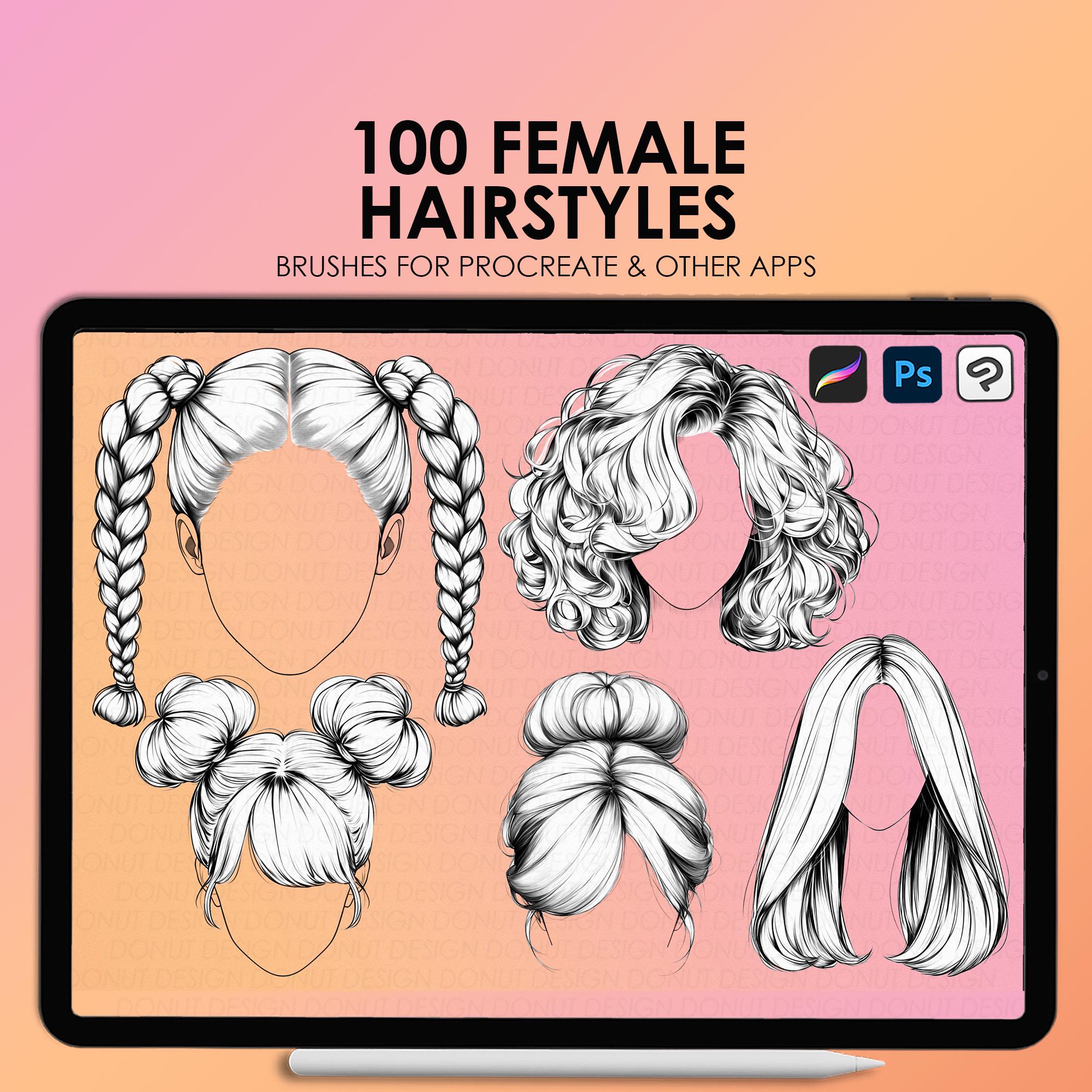 Procreate Sellos y Pinceles de Cabello | 100 peinados femeninos + ABR para Photoshop y CSP
