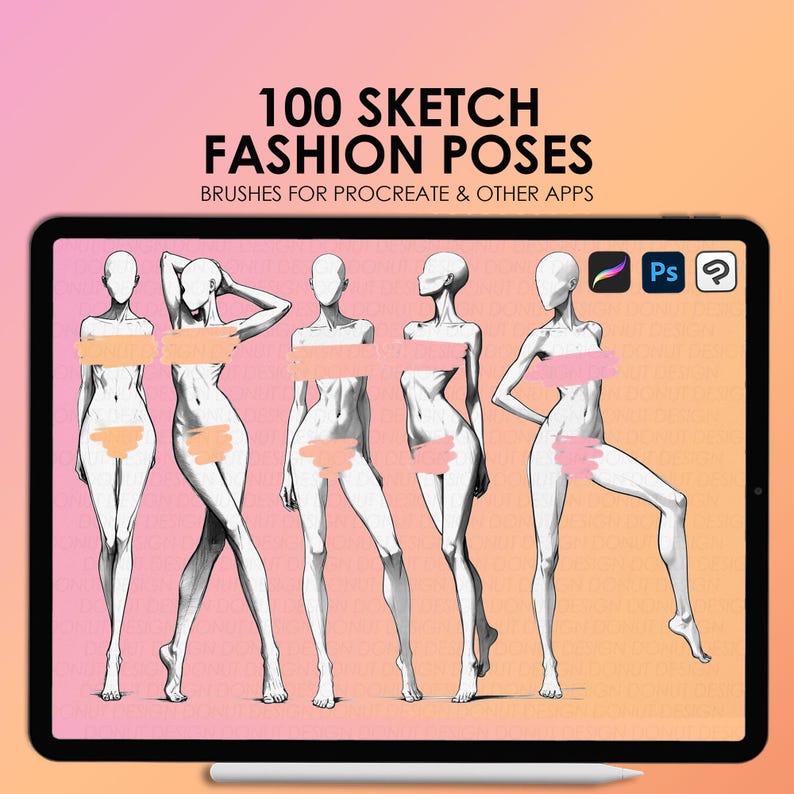 100 Fashion figures Procreate stamps | Procreate fashion pose stamps | Photoshop fashion pose brushes
