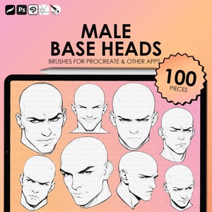 May include: A digital illustration of 100 male base heads for use in digital art programs like Procreate. The heads are drawn in black and white and feature different expressions.