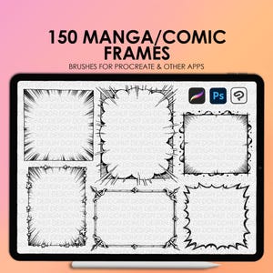 Puede incluir: La pantalla de una tableta digital muestra seis marcos de manga o cómic en blanco y negro. Los marcos están dibujados en una variedad de estilos, incluyendo un globo de diálogo, una explosión de estrellas y un rectángulo simple. El texto "150 MANGA/COMIC FRAMES" está en la parte superior de la pantalla. El texto "BRUSHES FOR PROCREATE & OTHER APPS" está debajo de los marcos.