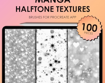 Pode incluir: Uma ilustração digital de três texturas de meio-tom manga diferentes. As texturas são em preto e branco e apresentam estrelas, corações e um padrão de respingos. O texto "MANGA HALFTONE TEXTURES" está no topo da imagem, e o texto "BRUSHES FOR PROCREATE APP" está abaixo. Uma forma de estrela com o texto "100 PIECES" está no canto superior direito da imagem.