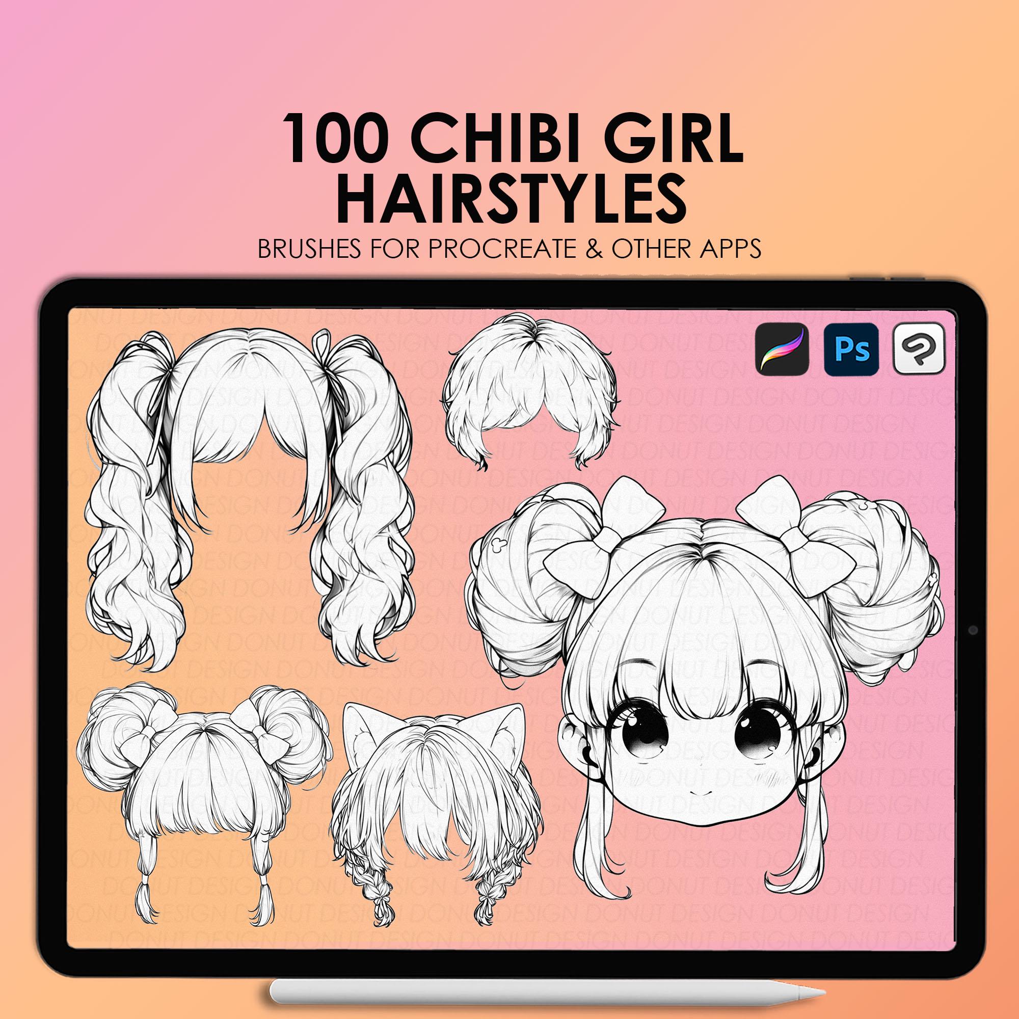 Sellos de cabello chibi para Procreate y Photoshop | Set de 100 pinceles de peinados chibi