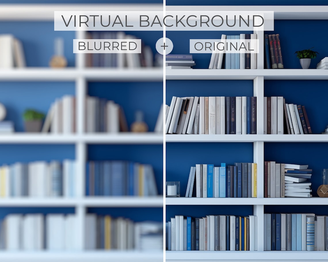 Blue Bookshelf Zoom Background Home Office | Home Office Virtual ...