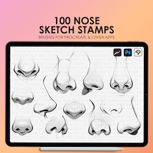 以下が含まれることがあります： デジタルスタンプとして使用できる、100種類の異なる鼻のスケッチのデジタルイラスト。画像には、リアル、カートゥーン、スタイリッシュなど、さまざまな鼻の形とスタイルが示されています。画像の上部には、「100 Nose Sketch Stamps」と「Brushes for Procreate & Other Apps」というテキストが表示されています。