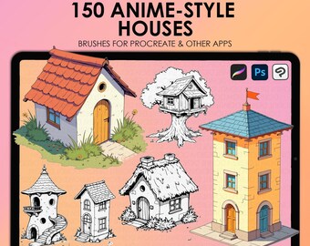 150 Procreate house stamps | Isometric house Procreate stamps | Photoshop house brushes | Clip Studio anime house stamps