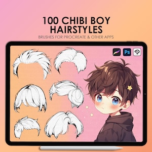 May include: A digital illustration of 100 different chibi boy hairstyles. The hairstyles are drawn in black and white on a pink background. The text "100 CHIBI BOY HAIRSTYLES" is at the top of the image. The text "BRUSHES FOR PROCREATE & OTHER APPS" is below the title.