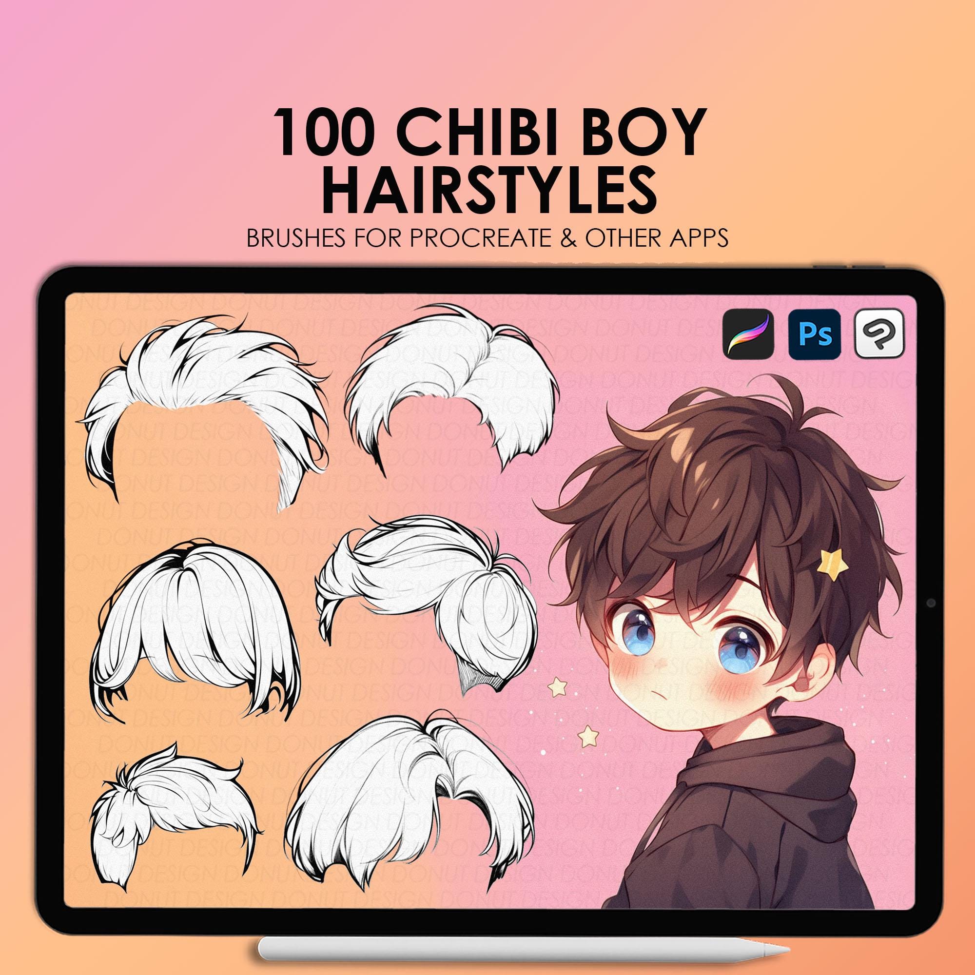Sellos de cabello Chibi para niño en Procreate y pinceles de Photoshop | 100 peinados chibi masculinos