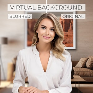 May include: A woman in a white blouse is standing in front of a wall with a picture of an ancient city. The text "VIRTUAL BACKGROUND" is above the picture, and the text "BLURRED" is to the left of the picture. The text "ORIGINAL" is to the right of the picture.