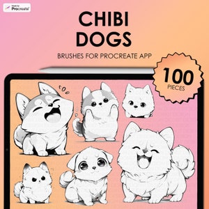 Puede incluir: Un conjunto de 100 pinceles digitales en blanco y negro para la aplicación Procreate que presenta adorables perros chibi de estilo de dibujos animados en varias poses. El texto "CHIBI DOGS" y "BRUSHES FOR PROCREATE APP" se muestra en la parte superior de la imagen.