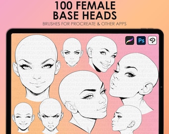 May include: A digital illustration of 100 female base heads for use in digital art programs like Procreate. The image shows a variety of facial expressions and angles.