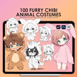 May include: A digital illustration of 100 furry chibi animal costumes for Procreate and other apps. The image shows a variety of cute characters wearing different animal costumes, including a bear, a bunny, a unicorn, and a cat. The image is in a cartoon style and is perfect for use in digital art and design.