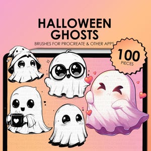 May include: A set of 100 Halloween ghost brushes for Procreate and other apps. The image shows five different cute ghost illustrations with various expressions and accessories, including a witch hat, glasses, and a coffee mug.