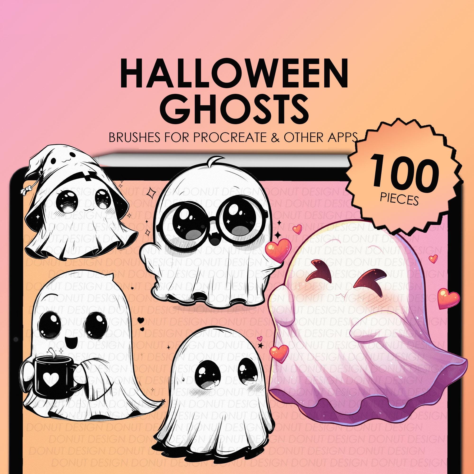 Carimbos de fantasmas para Halloween no Procreate | Conjunto de pincéis chibi fofos | 100 stamps Procreate + 100 brushes Photoshop