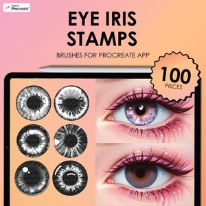 May include: Digital art product for Procreate featuring eye iris stamps. The image displays a tablet with six black and white iris designs and two colorful eye illustrations with long eyelashes. The text reads "EYE IRIS STAMPS" and "100 PIECES."