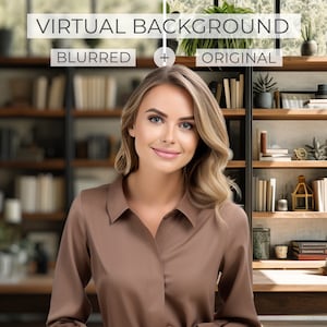 May include: A woman with long blonde hair wearing a brown blouse stands in front of a bookshelf with books and plants. The text "VIRTUAL BACKGROUND" is displayed above the bookshelf, with "BLURRED" and "ORIGINAL" below it.